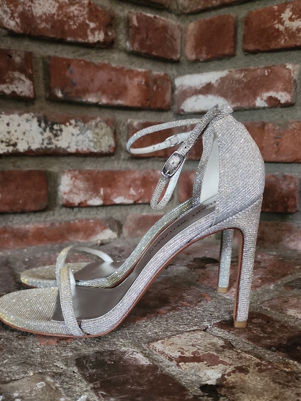 Stuart Weitzman Silver Glitter Ankle Strap Heels Stiletto Sandals Evening Weddin